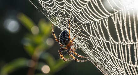 Spider in its web with morning dew drops.