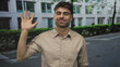 © Krakenimages.com - Man in beige shirt and glasses raising hand in greeting on sunlit tree lined city street; friendly greeting.