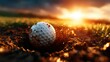 ©  Shomixer - A weathered golf ball resting in the dirt, with a striking sunset illuminating the background, symbolizing dedication and the pursuit of perfection in sports.
