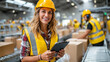 © D-stock photo - Portrait of smiling female warehouse worker using digital tablet while standing in warehouse