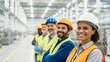 © n0feel_studio - Diverse industrial workers smiling in safety gear manufacturing facility team photo dynamic environment close-up view celebrating teamwork and safety