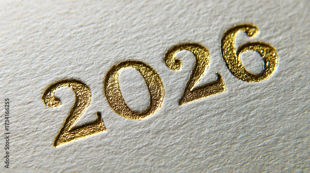 Gold embossed numbers 2026 on textured white background representing ...
