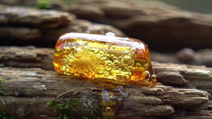 Golden tree sap dripping onto bark, vibrant and natural, perfect for nature concepts