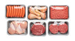 © Claudia - Isolated, assortment of different types of meat food in grey trays, packaging, wrapped plastic