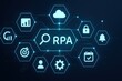 © Zone - Illuminated graphical representation displays an RPA concept, featuring a central focus and interconnected hexagonal shapes with various icons, including business and technology symbols, all rendered