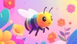 © Digion - Cute Cartoon Bee Flying Among Colorful Flowers in Spring Meadow Bloom