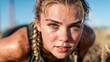 ©  Shomixer - A determined young woman, captured while exercising outdoors, reflects effort and concentration, showcasing her physical vitality against a backdrop of nature and sunlight.