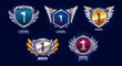 © Vector Tradition - Game victory rank level up badge icons, shields asset. Vector set of shiny level 1 gaming emblems with winged shields and metallic finishes. Gui elements for ranking system or rewards in applications