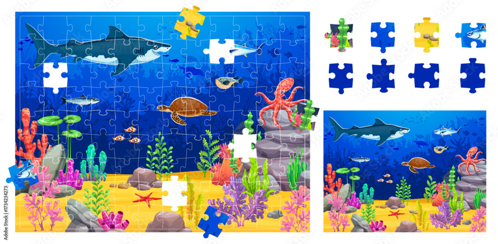 Exploration Riddle Jigsaw puzzle game pieces, underwater landscape and sea animal scene ...