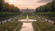 Grand European Palace and Formal Garden at Sunset