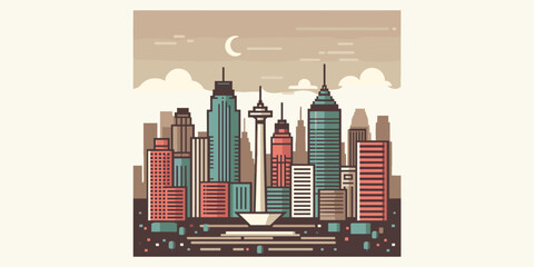 Stylized flat design illustration of a Jakarta, a vibrant metropolitan cityscape featuring diverse modern architectural skyscrapers and a prominent national landmark.