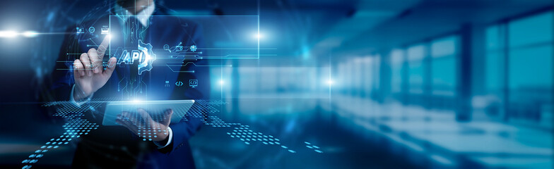 The API concept programmer touched the smart API circuit board and exchanged data on the screen interface connectivity coding platform solution structure process functionality efficiency.
