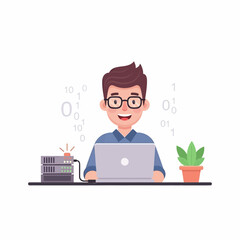 Vector art of programmer working on laptop with server and binary code