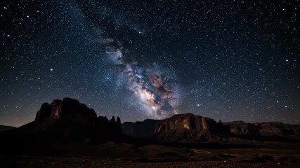Wall Mural - ﻿Slow panning shot reveals the majestic Milky Way stretching across a dark desert mountain range under a starry night sky spiritual, tranquil, background