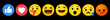 © Ira - Emoji reaction faces set. Vector emoticon icons with like love laugh wow sad and angry expressions.
