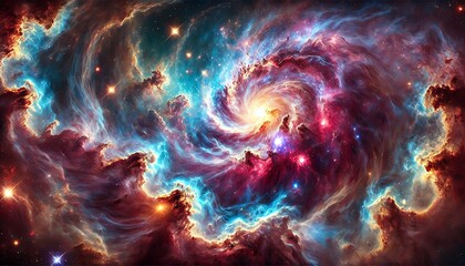 Wall Mural - A breathtaking deep-space nebula with swirling cosmic clouds of gas and dust, illuminated by vibrant colors including shades of purple, pink and blue