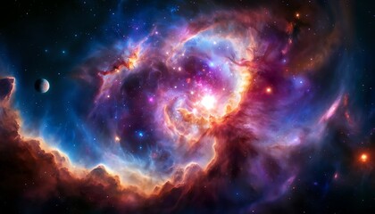 Wall Mural - A breathtaking deep-space nebula with swirling cosmic clouds of gas and dust, illuminated by vibrant colors including shades of purple, pink and blue