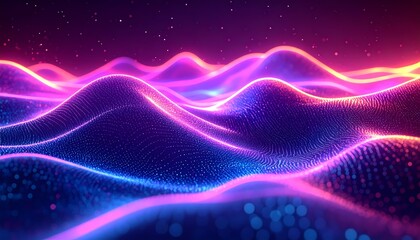 Wall Mural - Abstract landscape with glowing wavy lines in blue, pink, and yellow colors