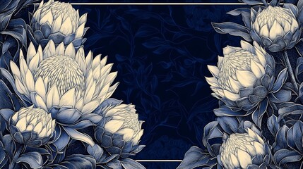 a contemporary depiction of tropical protea in a seamless design is presented