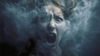 © RaeLi - A close-up portrait of a terrified woman screaming, a dramatic and powerful expression of horror, fear and panic, a scary scene with a person surrounded by smoke, a concept for a thriller.