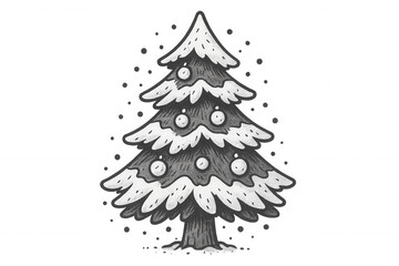 Wall Mural - Christmas fir tree drawing with snow and ornaments, celebrating holiday season, transparent background