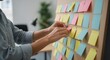 © Mirana - Business person managing project tasks with colorful sticky notes on a board.