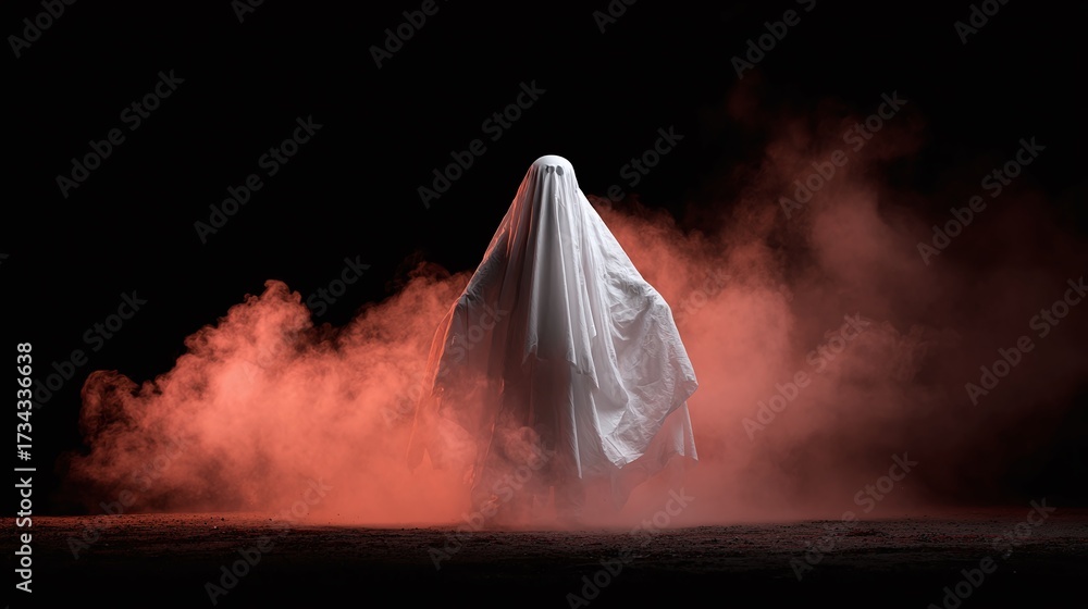 Ghostly figure shrouded in a white sheet emerges from a crimson mist ...