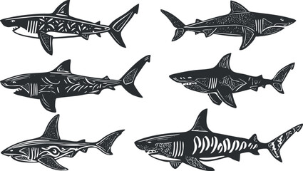 Wall Mural - Stylized black and white illustrations of various shark species showcasing unique patterns and designs..