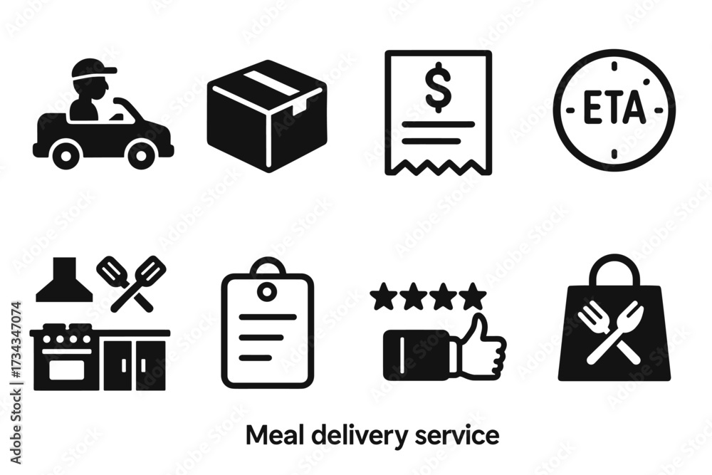 Delivery Eta Icon Meal delivery service icons: car, package, receipt, eta, kitchen, menu ...