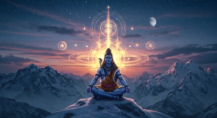 A digital artwork depicting the Hindu deity Shiva meditating serenely atop a mountain range, emanating divine energy.