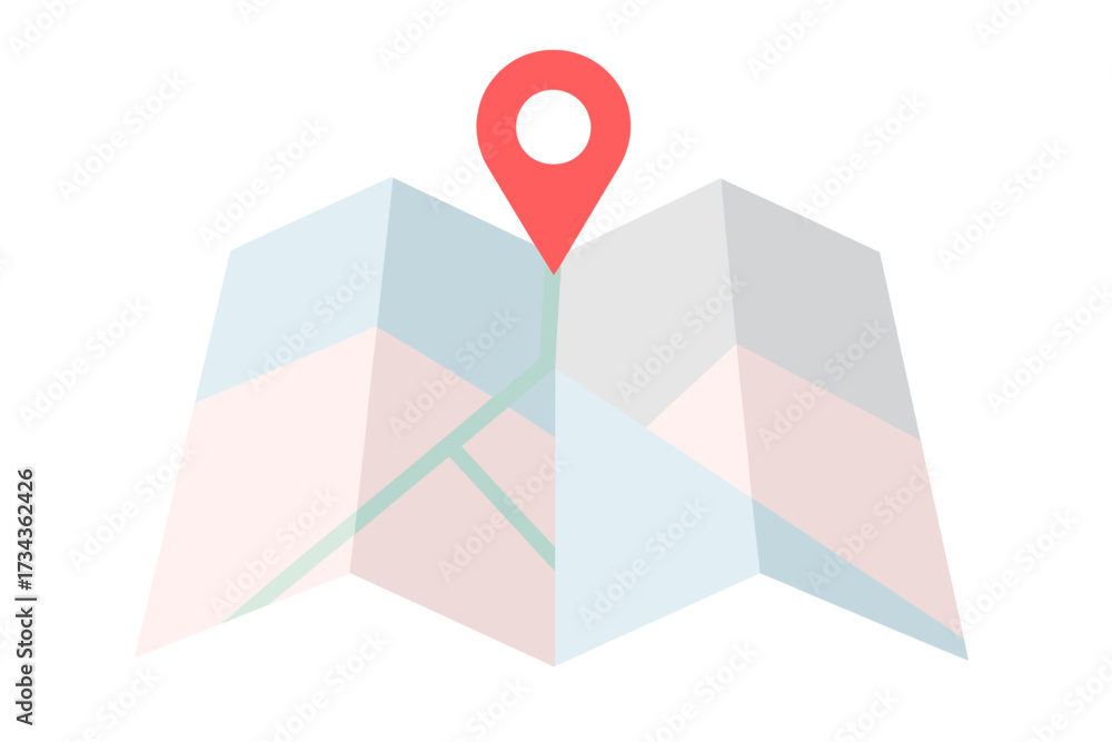 Folded paper map with a prominent red location pin indicating a ...