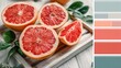 © boss - Fresh grapefruit slices arranged on a light wood tray, showcasing vibrant red hues and a complementary color palette.