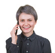 © 1STunningART - Contented young woman talking on phone, looks joyful to camera, isolated on transparent background. Positive hipster female wearing black shirt speaking as keeps smartphone to ear