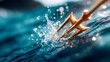 © Aliaksandra - Golden trident splashing dramatically in ocean waves with water droplets