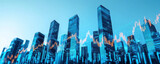 Futuristic skyline with business towers and finance graph overlay, modern cityscape, innovation and growth concept
