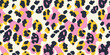 © anya - Hand Drawn animal skin and fur print seamless pattern with nature whimsical shapes, spots, dots and lines with textures. Vibrant jungle boho print. Modern exotic collage geometric vector illustration