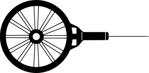 Simple line art illustration of a wheel with spokes and a handle isolated on white background silhouette
