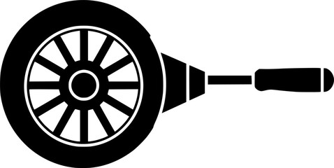 Simple line art illustration of a wheel with spokes and a handle isolated on white background silhouette

