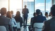 © Cantika - Business Presentation with Audience in Suits Before Large Window Overlooking Cityscape Under Bright Daylight