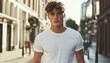 © Studicon - A young, light-skinned man with wavy brown hair is wearing a plain white shirt while standing outdoors on a city street.