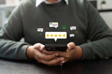 Canvas Print - Online customer satisfaction Survey service concept, client rate service from experience in application,Consumer give five-Stars and feedback review for quality, Business reputation ranking from buyer