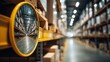 © Afsana - Industrial warehouse safety mirror reflection showing cardboard boxes and storage racks with yellow shelving and equipment in blurred background