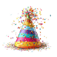 Festive party hat exploding with colorful confetti isolated on a transparent background celebration