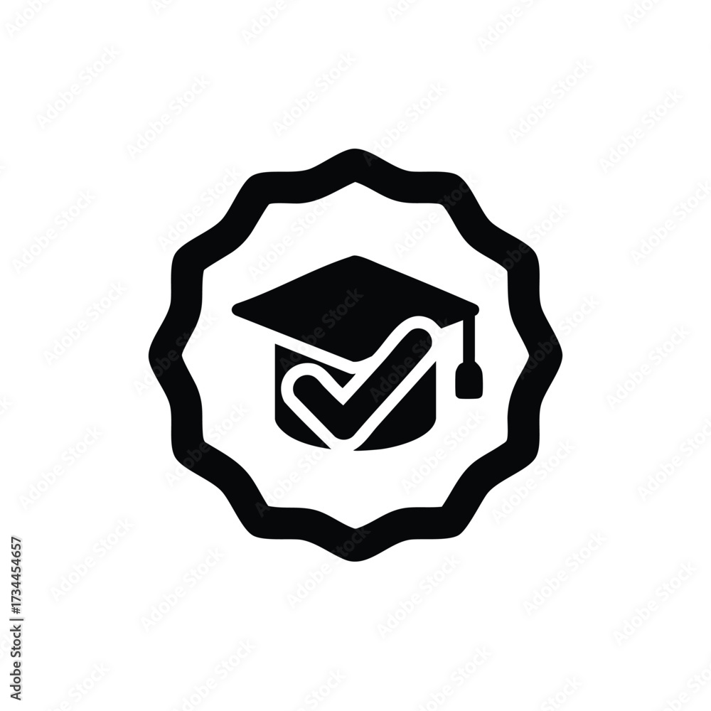 Graduation Cap with Checkmark Symbol Inside a Wavy Circular Badge ...