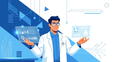 Illustration of a scientist analyzing data with digital interface innovation using modern technology
