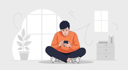 Man sitting cross-legged using a smartphone while feeling down, conveying solitude and technology
