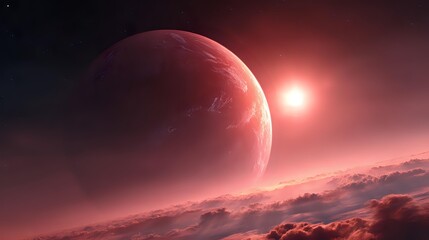Wall Mural - Exoplanet orbiting red dwarf with glowing light patterns and realistic sky detail