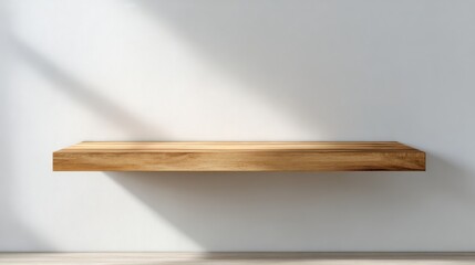 Wall Mural - Empty Wooden Shelf Mounted on a Clean White Wall for Interior Design