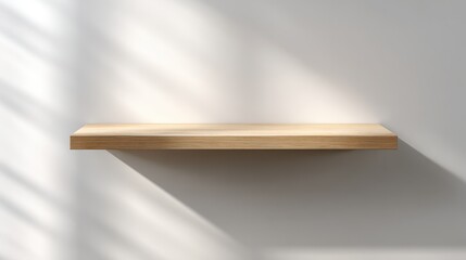 Wall Mural - Empty Wooden Shelf Mounted on Clean White Wall with Light Shadows