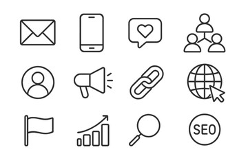 Social media and SEO web icons in modern line style, digital communication, technology symbols, networking, online marketing, website interface, vector illustration transparent background